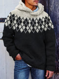 Men's Retro Argyle Yoke Contrast Color Cozy Knit Hooded Sweater artswardrobe