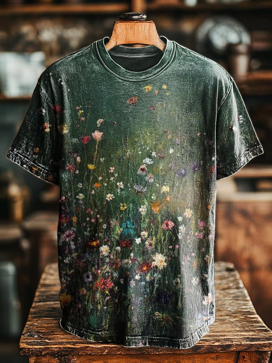 Unisex Vintage Floral Art Printed Casual Round Neck Short Sleeve T-Shi