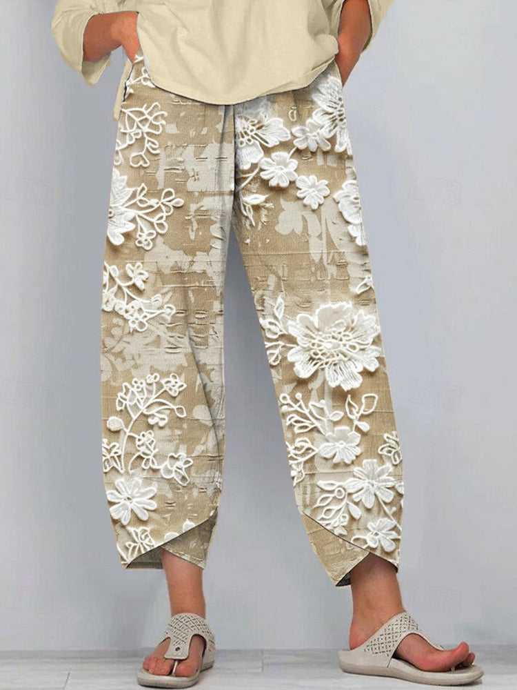 Comstylish Lace Floral Embroidered Linen Blend Pants