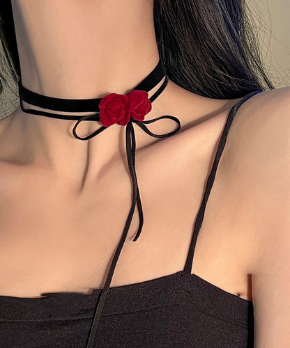 Handmade Red Silk Velvet Bow Pendant Necklace