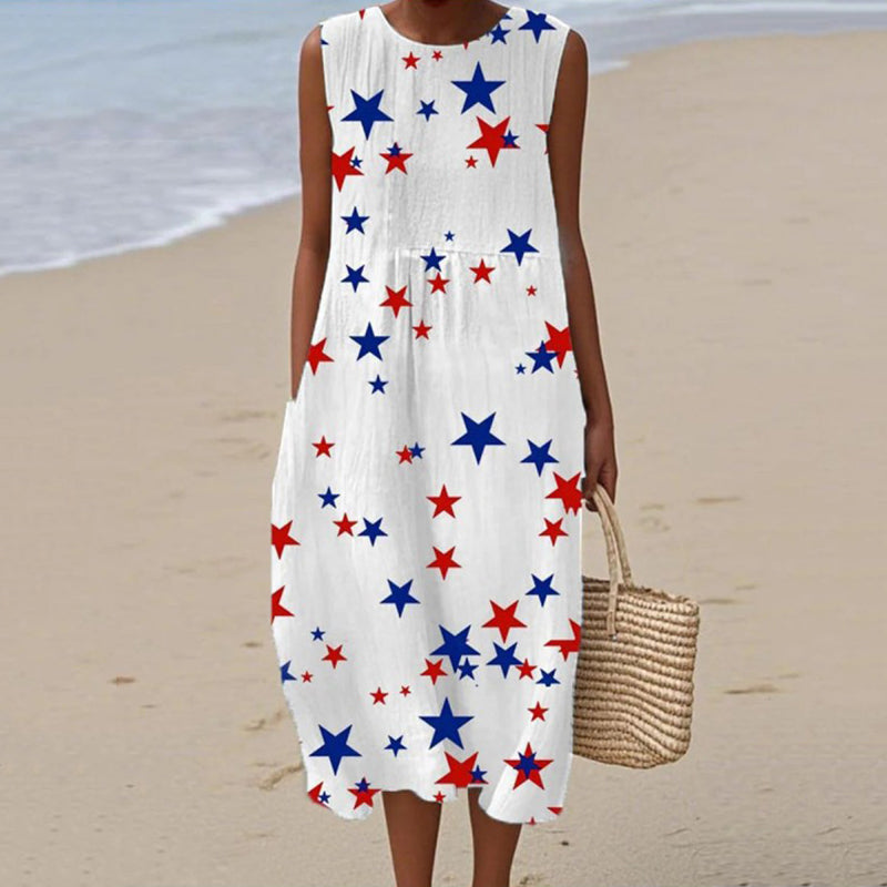 Women's Independence Day Star Print Casual Tank Midi Dress elevenforest
