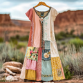 Women's Vintage Floral Patch Comfort Short Sleeve V Neck Dress elevenforest