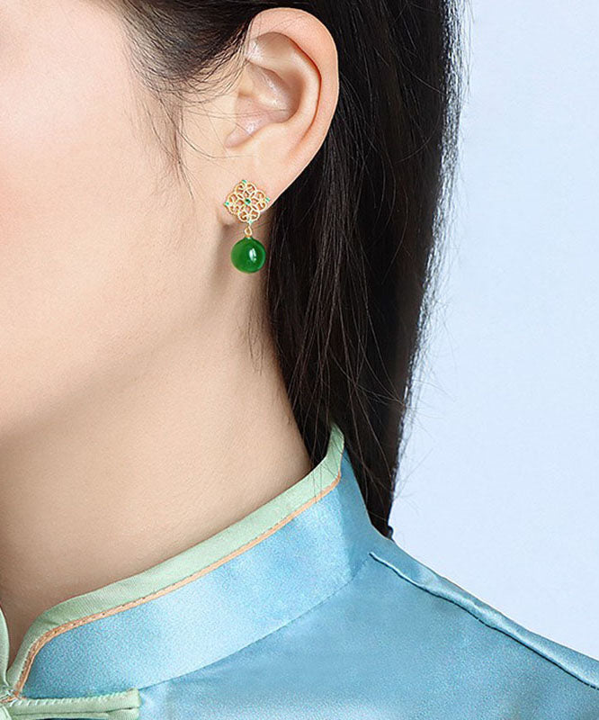 Tea Green Sterling Silver Overgild Zircon Jade Drop Earrings