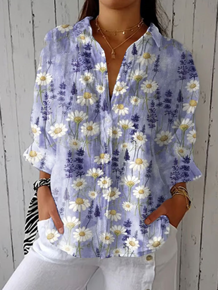 Women's Casual Cotton And Linen Vintage Floral Shirt elevenforest