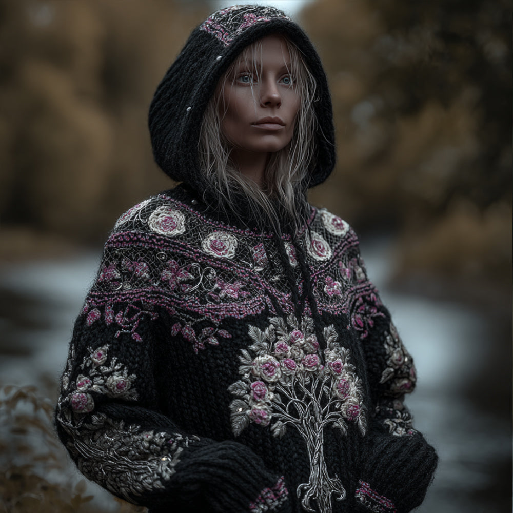 Women's Viking Style Tree Of Life And Patterned Black Warm Hooded Sweater elevenforest
