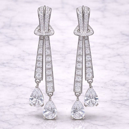 “renley” Art Deco Drop Earrings – Silver Pavé Bow & Pear Cut Statement Earrings