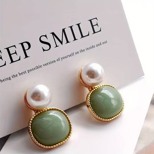 Inlaid Green Stone Pearl Earrings