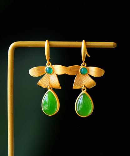 Gold Sterling Silver Overgild Inlaid Jade Drop Earrings