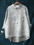 Women's Casual Blue Floral Printed Cotton Shirt elevenforest