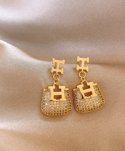Gold Copper Alloy Zircon Graphic Bag Drop Earrings