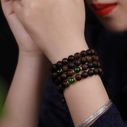 108 Beads Agarwood Cyan Jade Wood Mala Bracelet for Protection