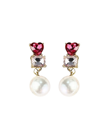 Red Sterling Silver Alloy Love Crystal Zircon Pearldrop Earrings