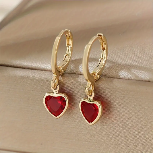 Red Crystal Heart Gold Earrings