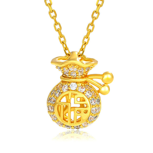 24k Gold Plated Fu Character Fortune Money Bag Necklace Pendant