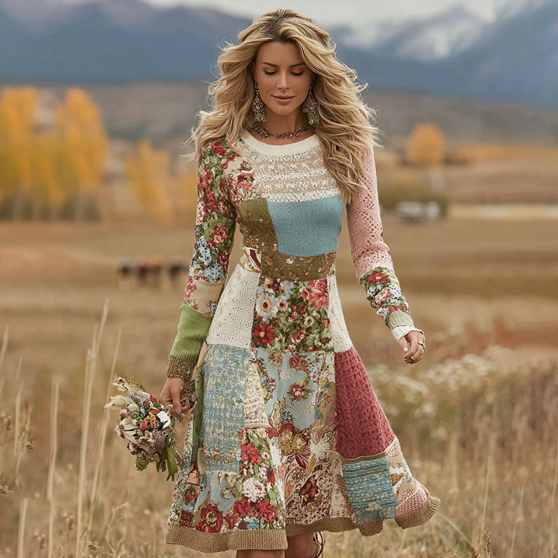 Women's Patchwork Floral Art Cozy Knit Sweater Dress elevenforest