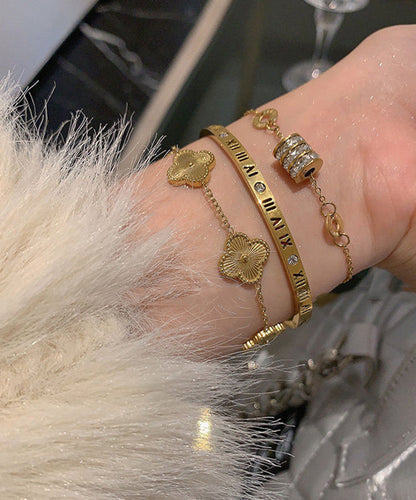 Vogue Gold Stainless Steel Alloy Zircon Graphic Four Leaf Clover Charm Bracelet Three-piece Set