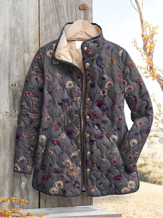 Women's Retro Floral  Art Print Casual Quilted Cardigan