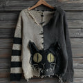 Comstylish Halloween Green-eyed Black Cat Patchwork Knitted V-neck Sweater