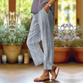 Women's Blue And White Overlay Stripe Linen Casual Pants elevenforest