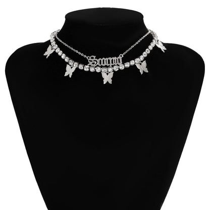 Multi-butterfly Necklace Simple Retro Letter Flash Diamond Collarbone Necklace