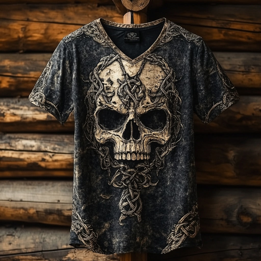 Men's Viking Celtic Skull Runes Washed Linen T-shirt elevenforest