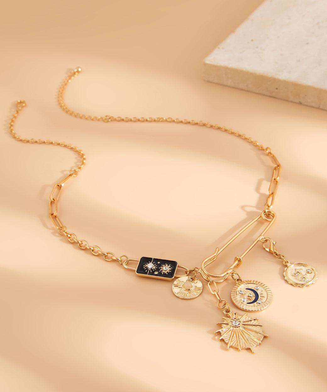 Gold Copper Alloy Zircon Pin Asymmetrical Cross Pendant Necklace