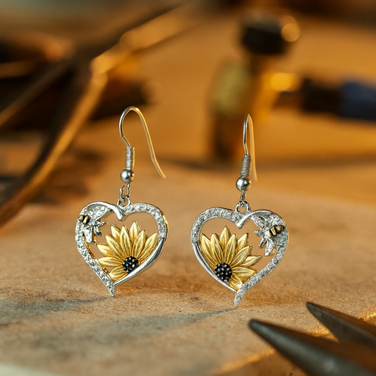 Sunflower & Bee Heart Dangle Earrings