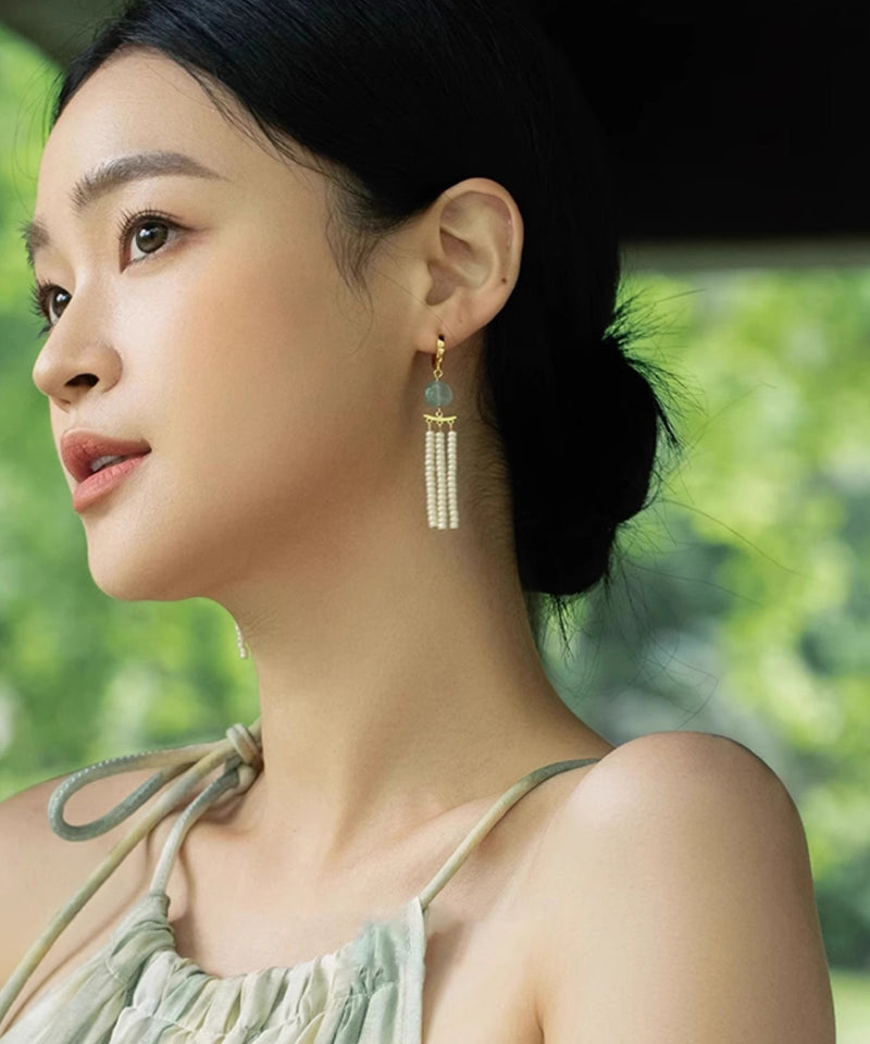 Classy White Copper Overgild Jade Beads Tassel Drop Earrings