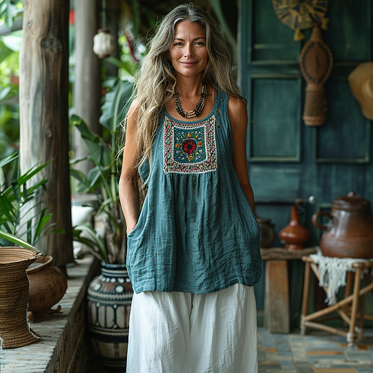 Comstylish Women's Retro Loose Bohemia Ethnic Style Linen Suspender Sleeveless Top