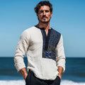 Men's Vintage Sashiko Patchwork Japanese Art Linen V-neck Shirt elevenforest