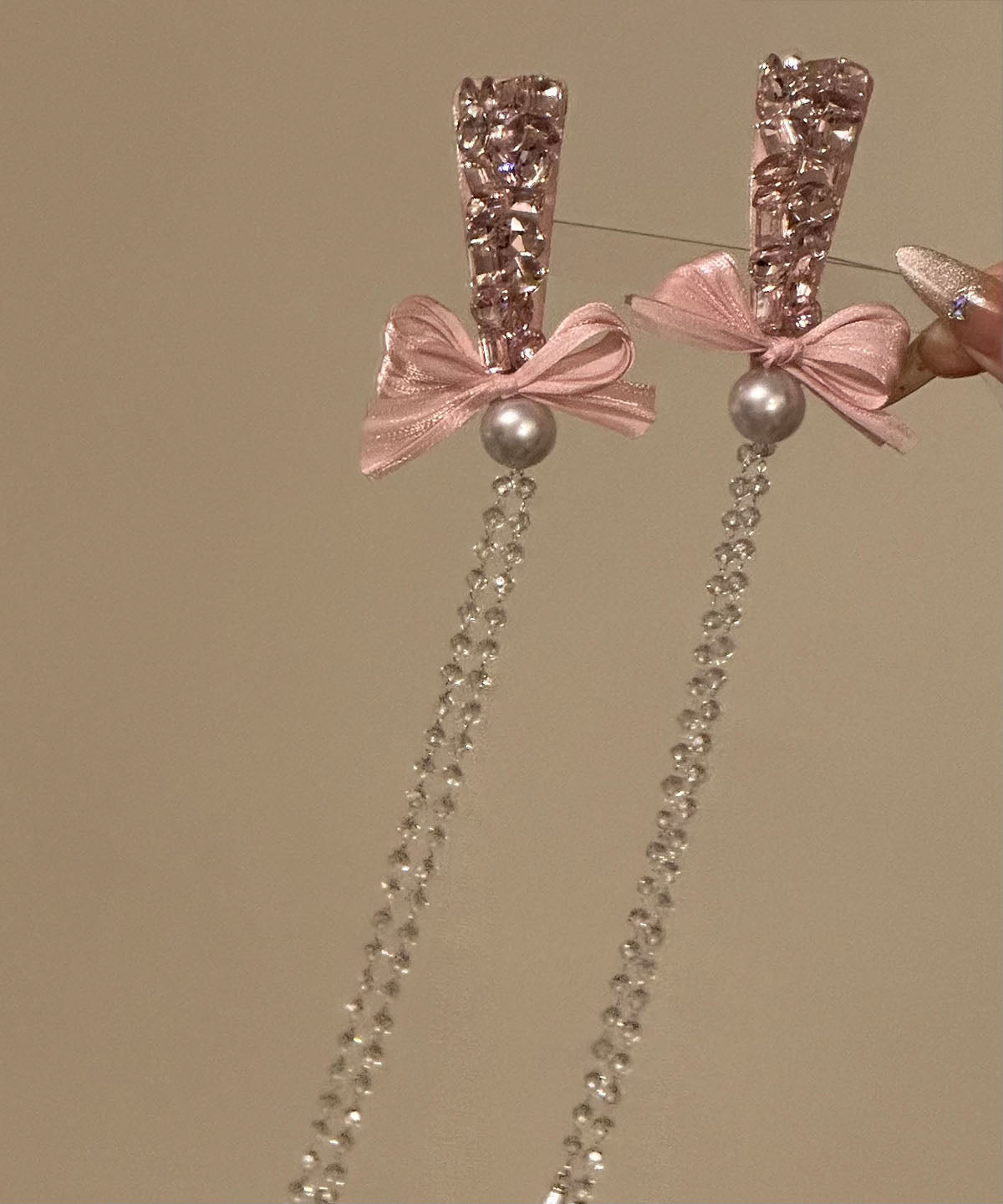 Novelty Pink Alloy Bow Zircon Tassel a Pair Hairpin
