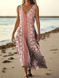 Women's Vintage Ethnic Floral Art Print Pocket Cotton Dress