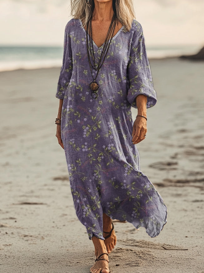 Women's Vintage Floral Art Print Pocket Cotton Dress