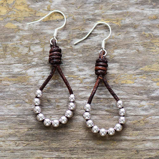 Silver Beads Leather Earrings