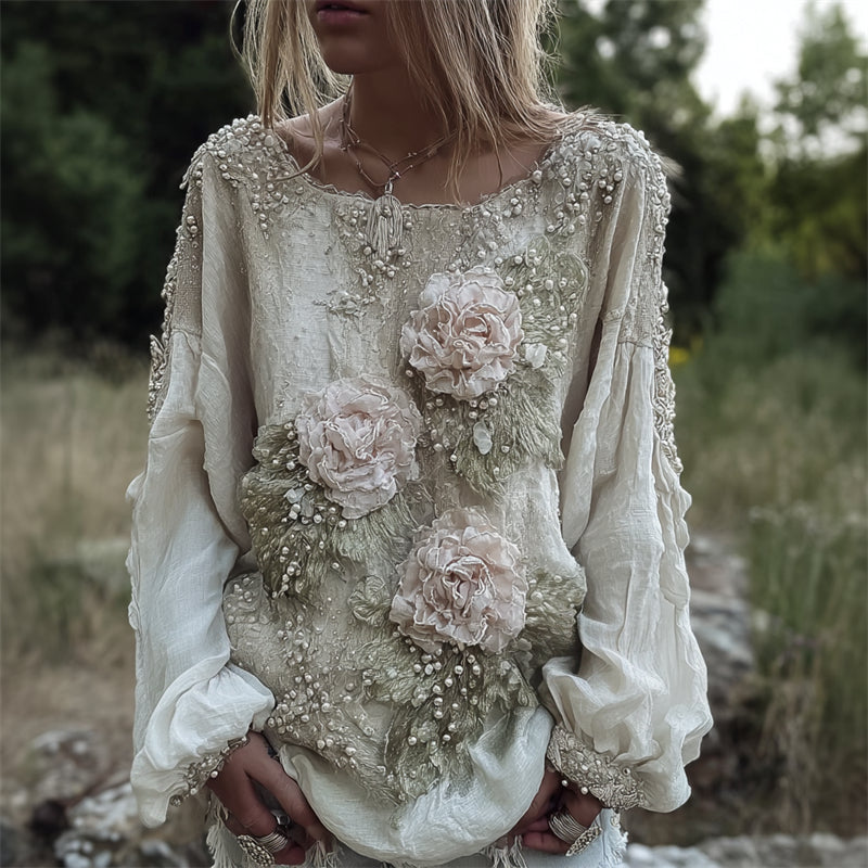 Vintage Pink Flowers Fiber Art Beaded Flowy Linen Tunic elevenforest