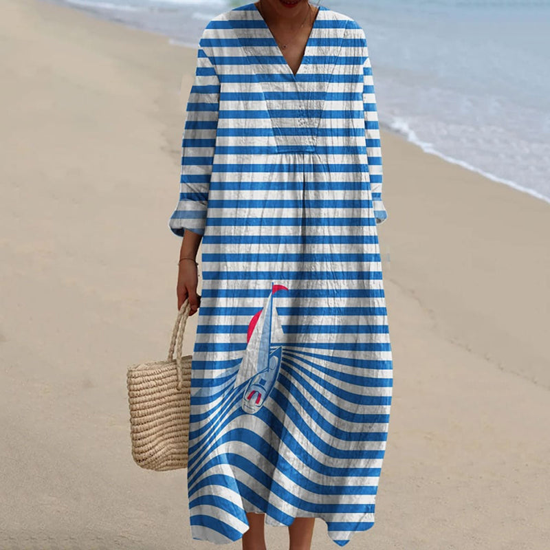 Women's Retro Striped Sailboat Print Cozy Linen Dress elevenforest