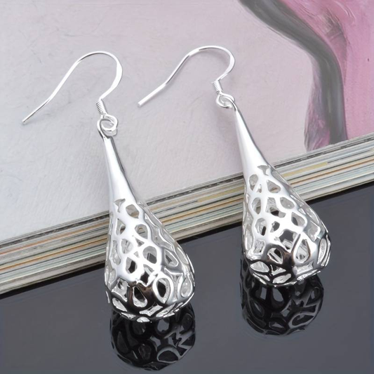Hollow Dangling Drop Silver Earrings