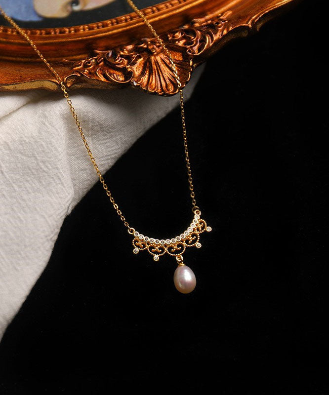 Gold Alloy Zircon Leace Pearl Pendant Necklace