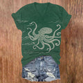 Comstylish Vintage Funny Octopus Print Short Sleeved V-neck T-shirt