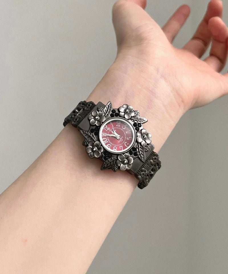 Black Alloy Relief Flowers Watches