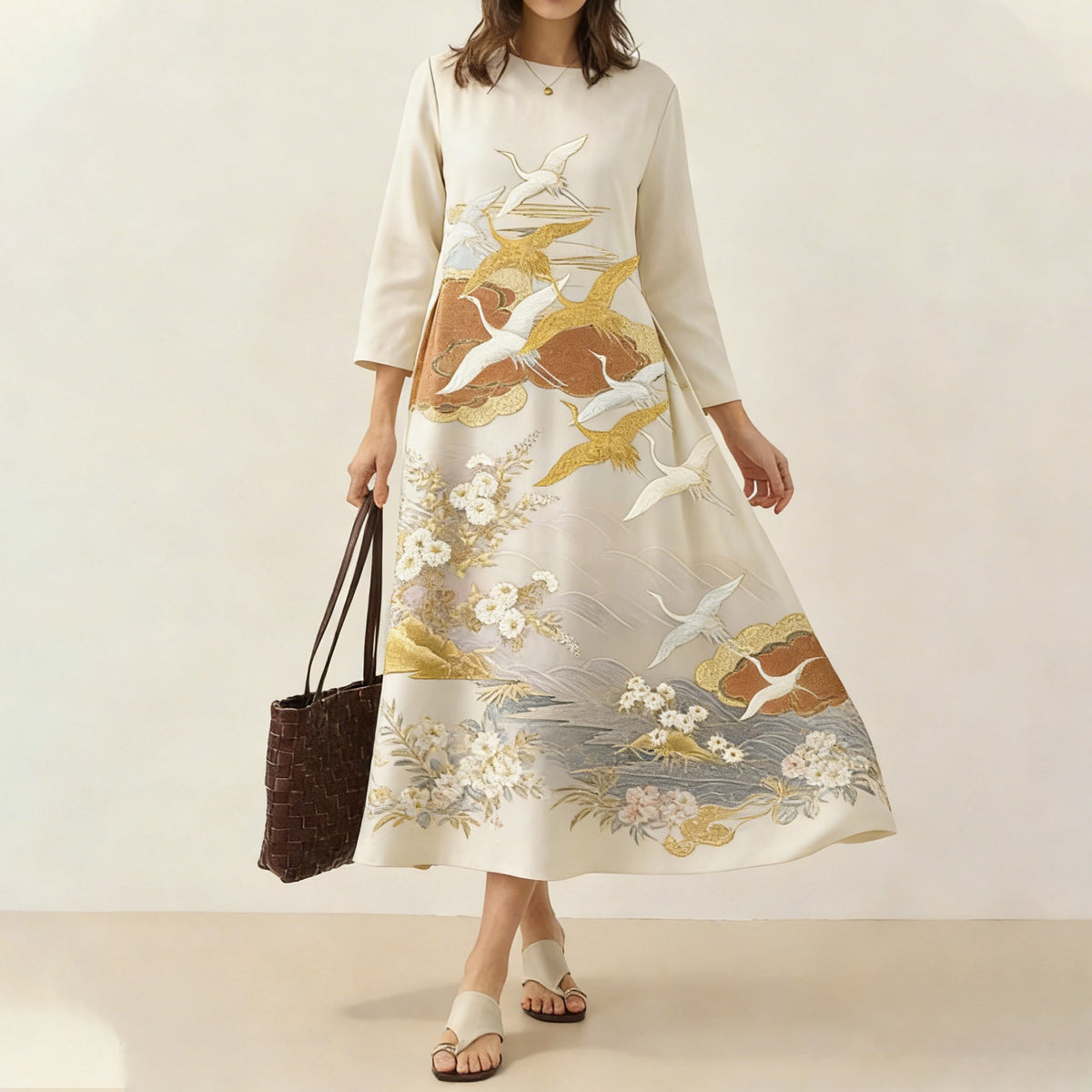 Japanese Retro Floral With Crane Print Art Comfy Maxi Dress elevenforest