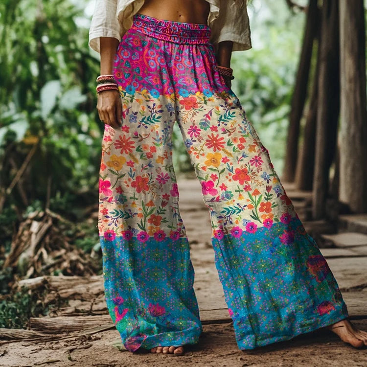Comstylish Vintage Bohemia Floral Pattern Women's Linen Blend Casual Pants