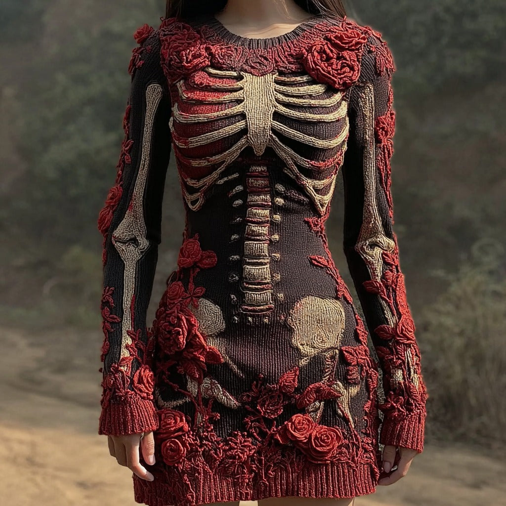 Vintage Halloween Skeleton Art Knit Sweater Dress elevenforest