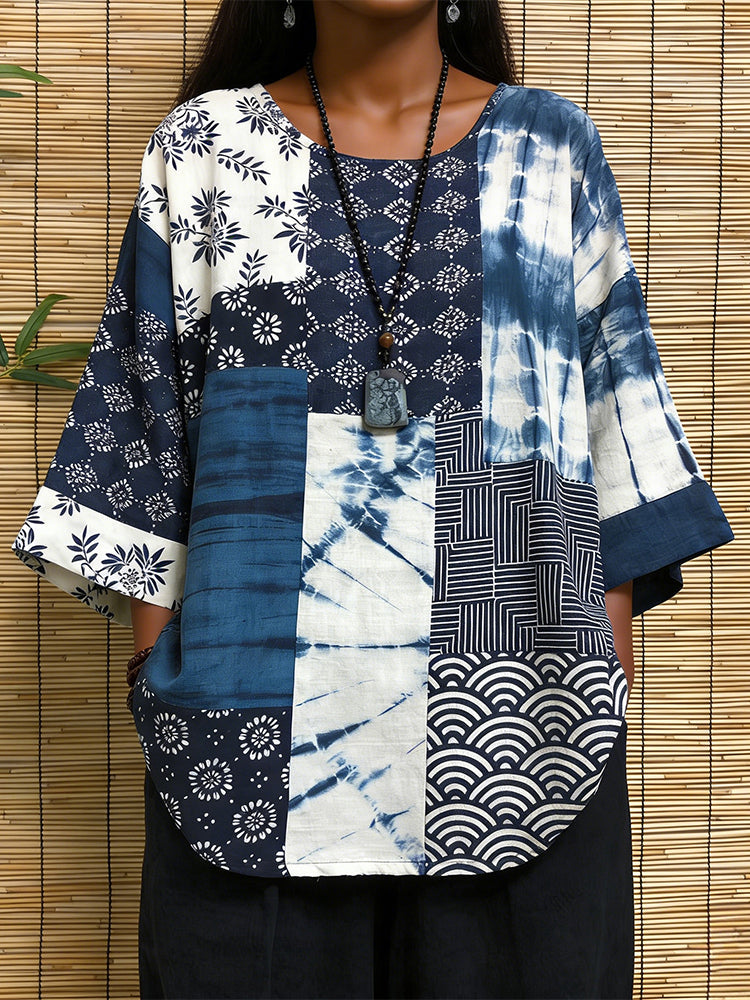 Comstylish Japanese Elements Patchwork Pattern Cozy Linen Tunic