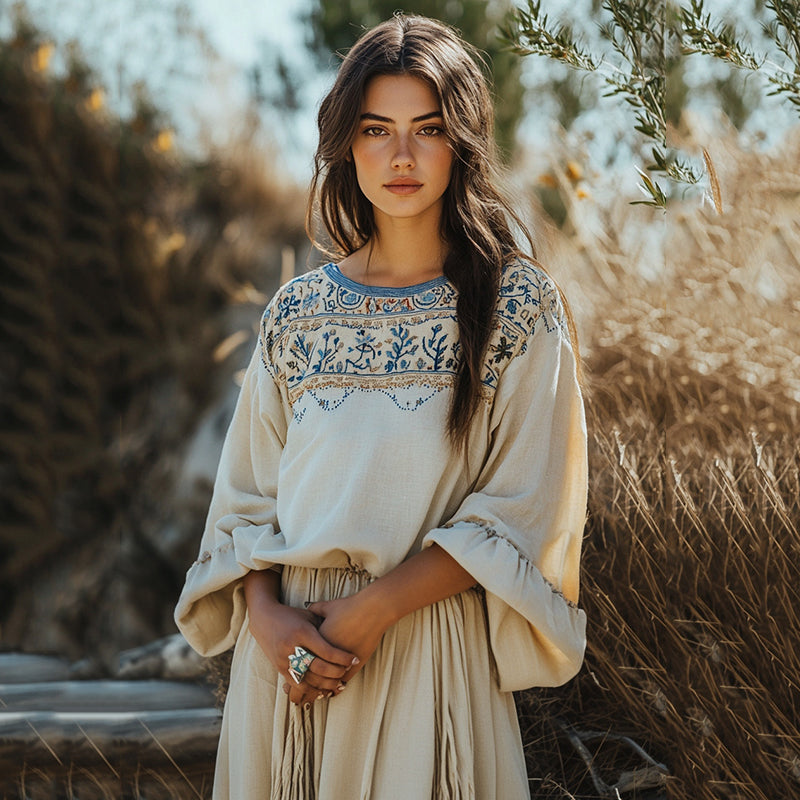 Vintage Cretan Embroidery Linen Contrasting Colors T-shirt elevenforest