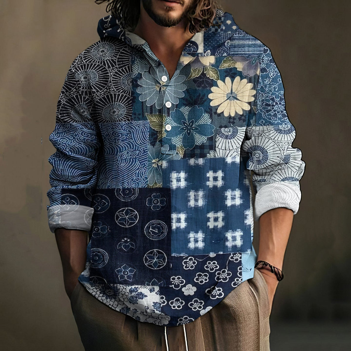 Vintage Japanese Traditional Sashiko Indigo Blooming Patchwork Art Linen Blend Hooded Shirt elevenforest