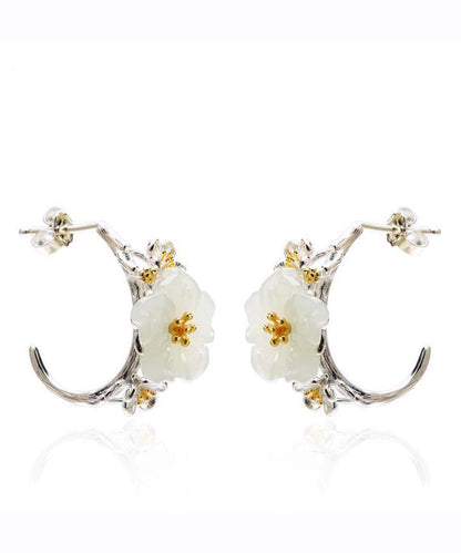 Classy White Sterling Silver Inlaid Jade Hoop Earrings