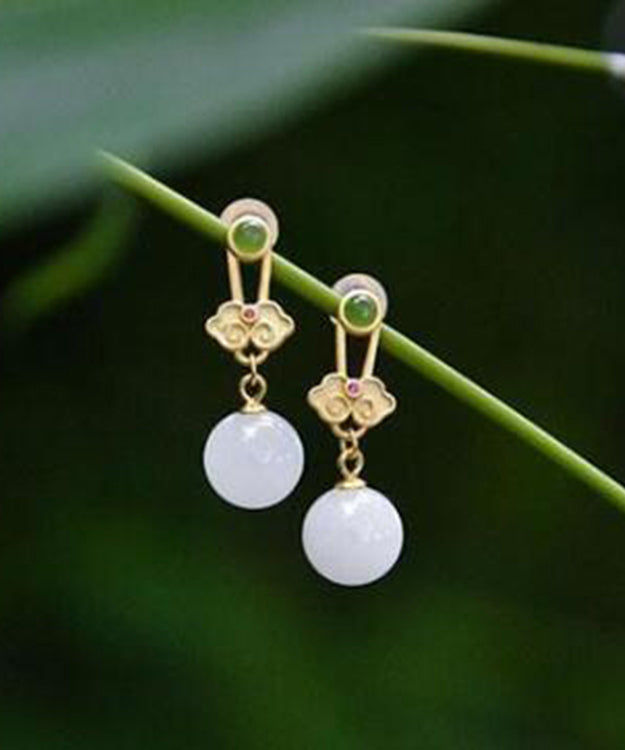 White Sterling Silver Jade Ruyi Drop Earrings