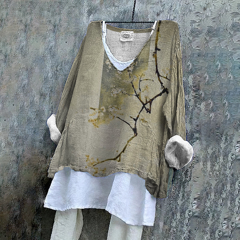 Women Japanese Art Branch Printed V Neck Shirt elevenforest
