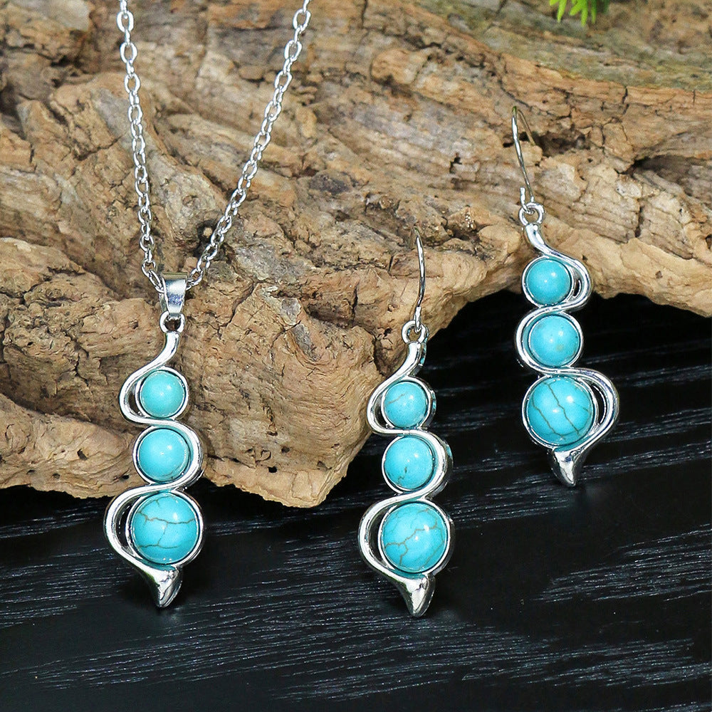 Court Geometric Carved Turquoise Diamond Earrings Necklace Set